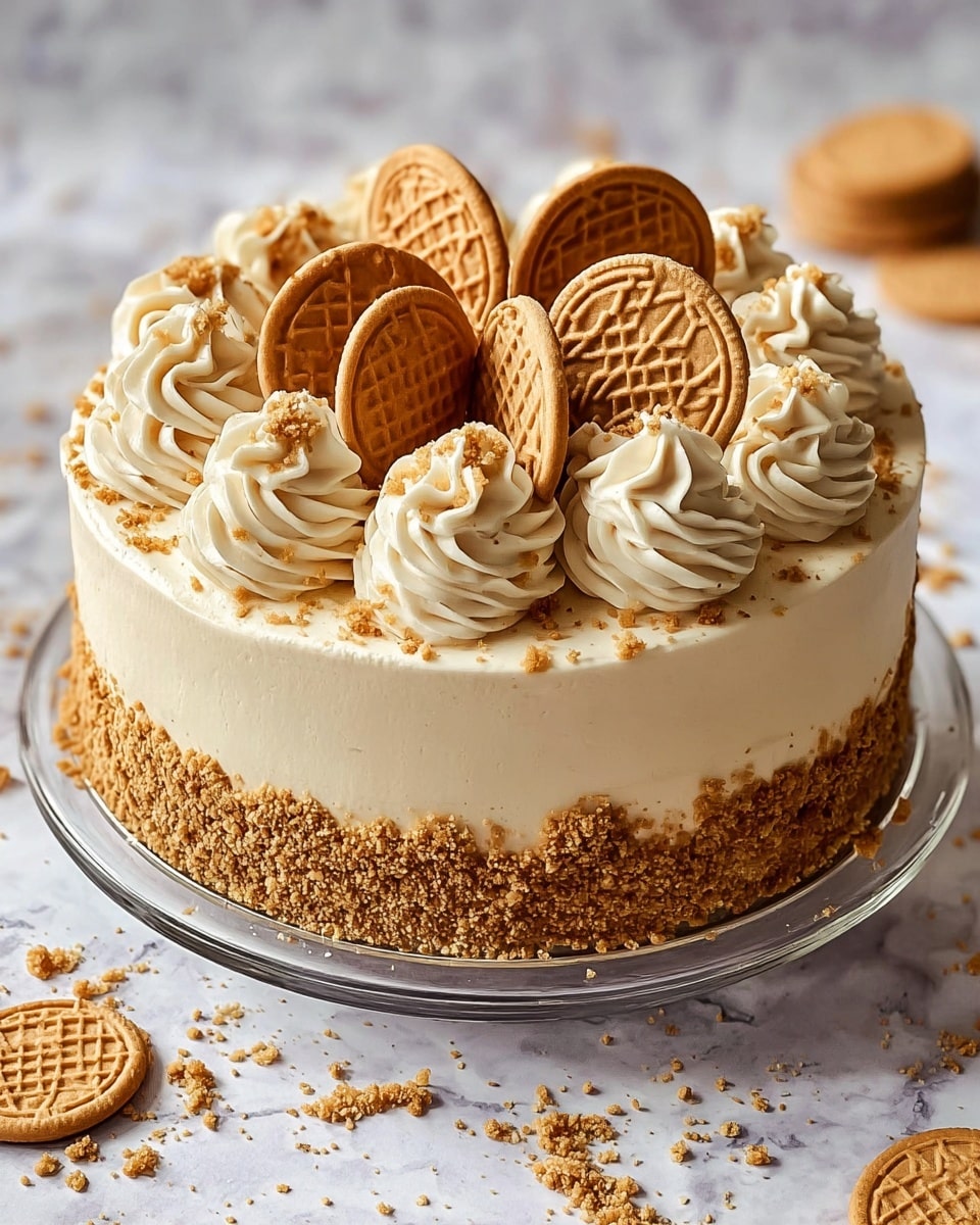 A round cream-colored cake with one thick layer of smooth frosting sits on a clear glass plate on a white marbled texture. The bottom half of the cake is covered with a crunchy golden-brown crumb layer. The top edge of the cake is decorated with eight swirls of light cream frosting evenly spaced around the circle, each sprinkled with small crumbs. The center of the cake is topped with a cluster of about seven flat, round cookies that have a grid pattern pressed on them in a golden-brown color, overlapping each other slightly. Some crumbs are scattered around the base of the cake and on the marbled surface. Photo taken with an iphone --ar 4:5 --v 7