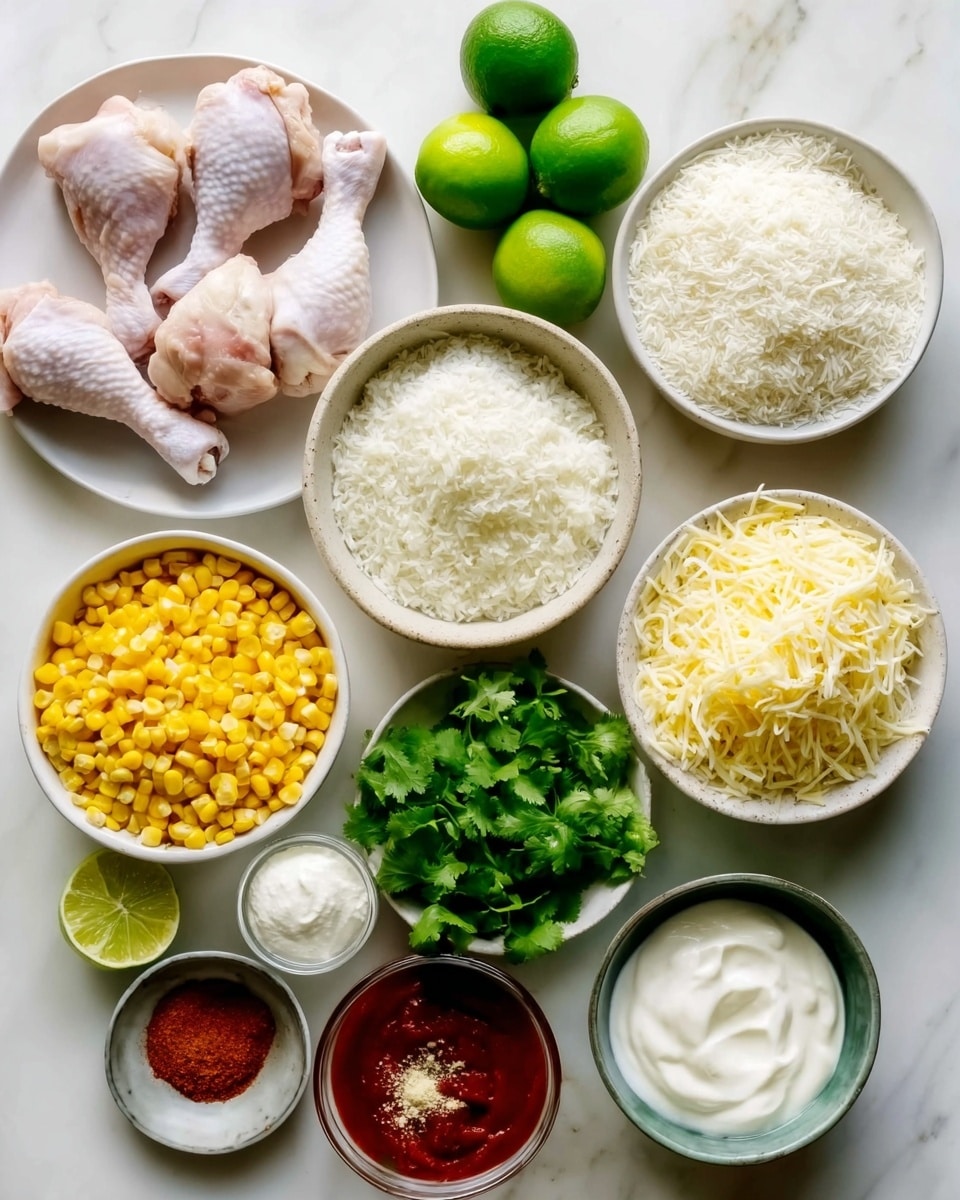 The image shows an overhead view of ingredients arranged neatly on a white marbled surface. There are nine white bowls and plates, each holding different ingredients: raw chicken drumsticks on a white plate at the top left, whole limes above the center, a bowl of white rice to the top right, a bowl of bright yellow corn below the limes, a bowl of shredded cheese below the corn, fresh green cilantro bunches at the bottom left, a bowl of sour cream next to the cilantro, a small bowl of chili powder at the bottom center, and a small bowl of red sauce next to the sour cream. The textures include smooth rice grains, shredded cheese strands, and fresh leafy cilantro. The colors range from white, yellow, red, to green, all placed on a clean white marbled texture. photo taken with an iphone --ar 4:5 --v 7