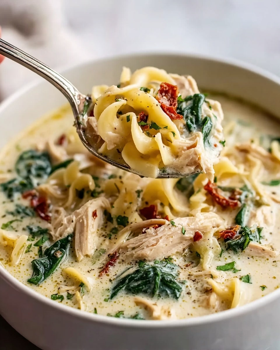 The image shows a close-up of a creamy chicken noodle soup with three main layers: a thick white creamy broth base filled with specks of black pepper and bits of red sun-dried tomatoes, a middle layer of soft yellow spiral noodles and bright green spinach leaves, and a top layer of shredded pale chicken pieces mixed with herbs. A spoon in the upper right corner lifts a scoop of noodles, chicken, and spinach above the soup. The bowl is white and placed on a white marbled surface. The photo is bright and very clear, focusing closely on the soup texture and ingredients, photo taken with an iphone --ar 4:5 --v 7