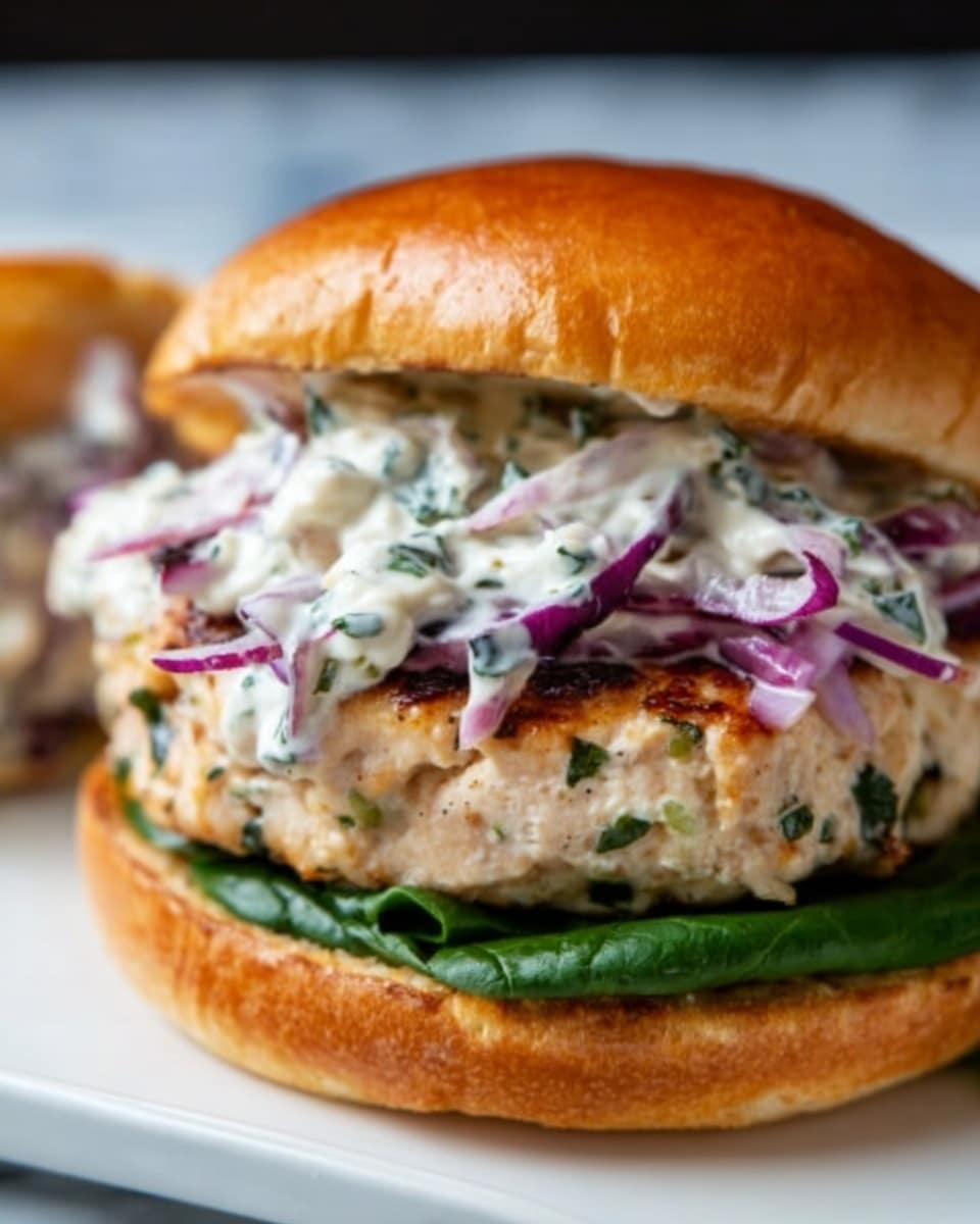 A close-up view of a chicken burger with three visible layers inside a shiny, golden-brown bun. The bottom layer shows bright green lettuce leaves, followed by a thick, grilled chicken patty with light brown grill marks. On top of the patty is a creamy white sauce mixed with green herbs and thin slices of purple cabbage. The top shiny bun sits gently on the colorful layers. The background is a white marbled surface. Photo taken with an iphone --ar 4:5 --v 7