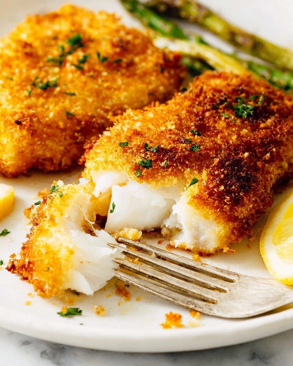 The dish shows two pieces of golden brown crispy fried fish with a rough, crunchy breadcrumb coating, laid on a white plate with a white marbled texture underneath. One fish piece has a bite taken out, showing soft, white, flaky fish inside. The breading has specks of green herbs sprinkled on top. Toward the side of the plate, there are bright green asparagus spears and a small lemon wedge partially squeezed with some juice and zest stains on the plate. A silver fork rests near the fish, holding a small piece of the flaky white fish. The photo taken with an iphone --ar 4:5 --v 7