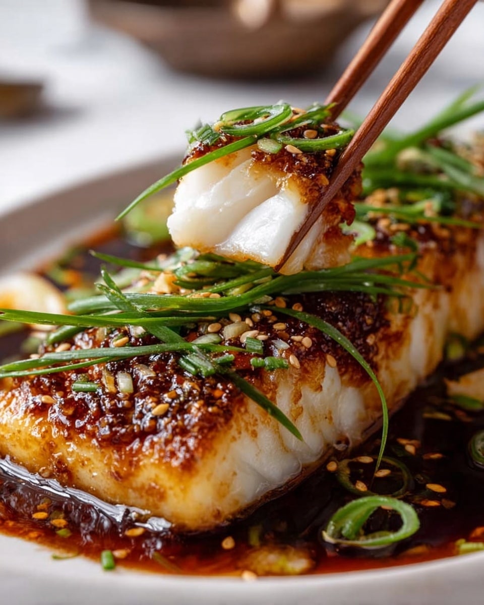 The image shows a white plate with a single thick, grilled fish fillet that has a dark brown caramelized glaze on top studded with sesame seeds. On top of the fillet, there are thin slices of light green onion rings and long green scallion strips laid diagonally. A woman's hand using wooden chopsticks is lifting a piece of the fish, showing the white, flaky, cooked inside beneath the crisp dark brown glazed exterior. The dish is placed on a white marbled surface with some sesame seeds and small sauce splashes around the plate. photo taken with an iphone --ar 4:5 --v 7