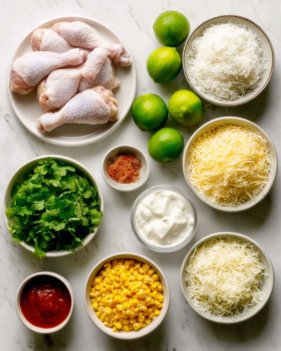 The image shows raw chicken pieces arranged on a white plate on the left side, with fresh green limes placed nearby. Several white bowls surround the chicken, holding different ingredients: uncooked white rice at the top right, bright yellow corn in the middle, shredded pale cheese below the corn, and green chopped herbs on the lower left. Small white bowls contain red chili powder, thick white yogurt, and a few more spices. The scene is set on a white marbled surface, and a woman's hand is lightly touching a bowl in the top left corner. photo taken with an iphone --ar 4:5 --v 7