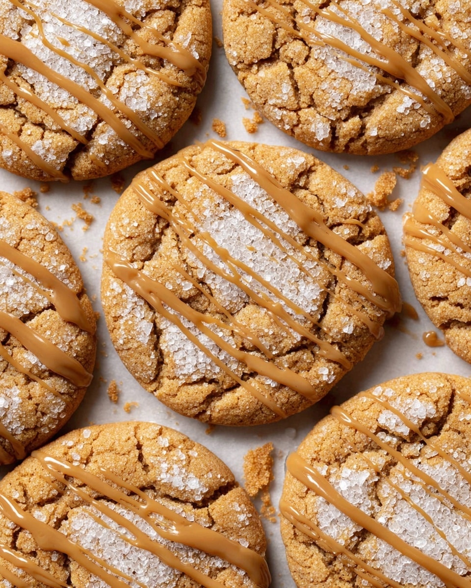 A close-up view of a batch of round, golden brown cookies laid out flat on a baking paper over a white marbled surface. Each cookie has a textured, cracked surface dusted with white granulated sugar, forming the first layer. The second layer consists of thick caramel-colored drizzle, randomly spread over several cookies, creating shiny streaks that catch the light. The cookies' surface looks crumbly with small bits of cookie crumbs scattered around them. The warm tones of the cookies contrast softly with the white marbled background. photo taken with an iphone --ar 4:5 --v 7