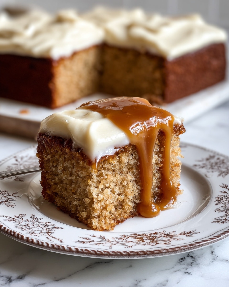 A square piece of moist, light brown cake with a soft, crumbly texture is placed on a white plate with delicate floral patterns. The cake has one thick layer of creamy off-white frosting spread evenly on top, crowned with a smooth, glossy brown sauce dripping down one side, pooling slightly on the plate. In the background, a larger piece of the same cake remains with a missing slice, revealing its dense, moist inside and topped with the same thick layer of creamy frosting. The scene rests on a white marbled textured surface. photo taken with an iphone --ar 4:5 --v 7