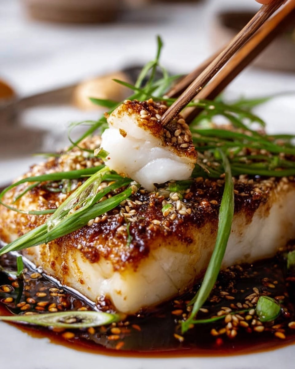 The image shows a close-up of a grilled fish fillet with one thick layer, covered in a dark brown, glossy sauce with sesame seeds scattered on top. There are thin green onion slices and long, fresh green chives placed on the surface of the fillet. A woman's hand holds chopsticks picking up a small piece of the fish, highlighting the texture of the cooked fish which is white and flaky inside, with a crispy outer layer. The dish is served on a white plate set on a white marbled surface. photo taken with an iphone --ar 4:5 --v 7